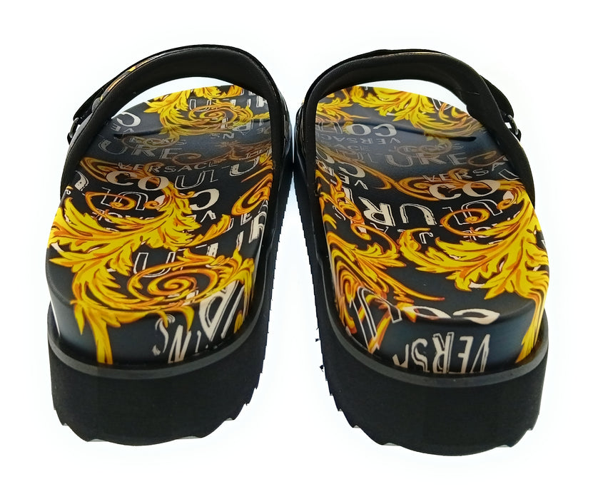 Versace Jeans Couture Mens Black / Gold Baroque Logo Platform Slides-