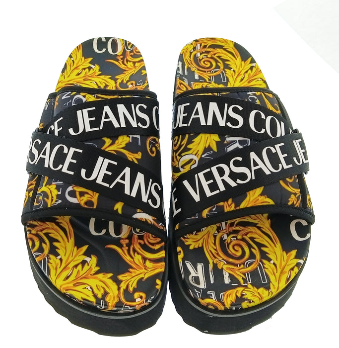 Versace Jeans Couture Mens Black / Gold Baroque Logo Platform Slides-