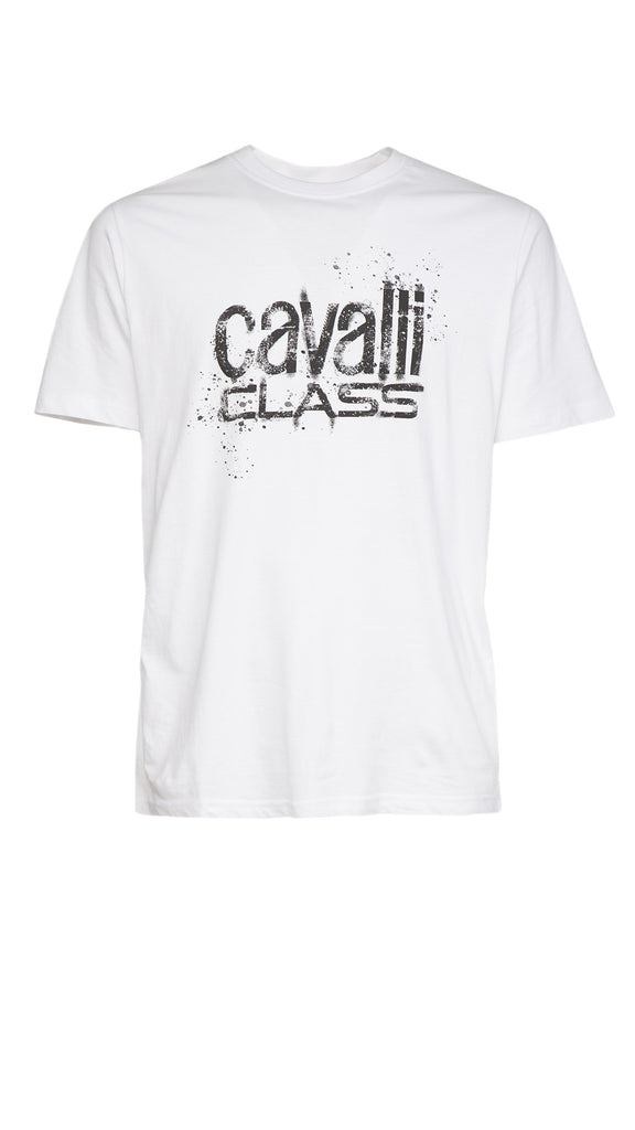 Cavalli Class White Spray Print Signature Fashion T-Shirt -