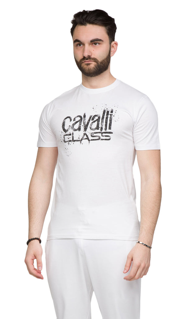 Cavalli Class White Spray Print Signature Fashion T-Shirt -