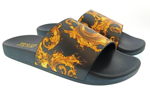 Versace Jeans Couture Mens Black / Gold Baroque Print Slides-