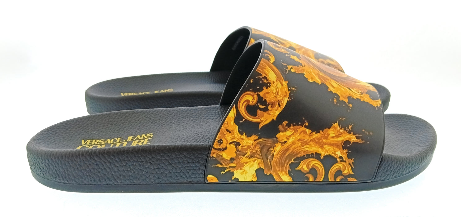 Versace Jeans Couture Mens Black / Gold Baroque Print Slides-