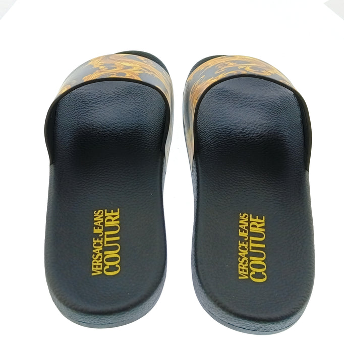 Versace Jeans Couture Mens Black / Gold Baroque Print Slides-