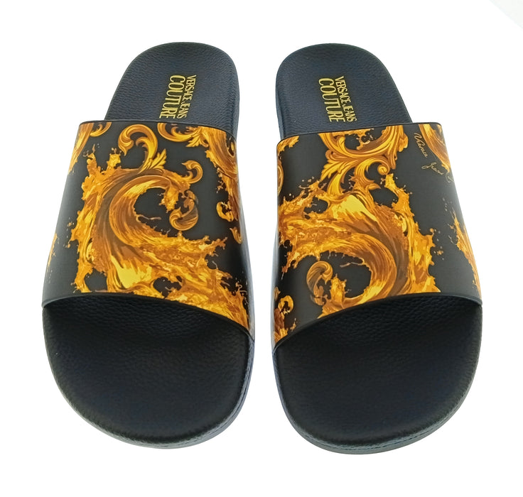 Versace Jeans Couture Mens Black / Gold Baroque Print Slides-