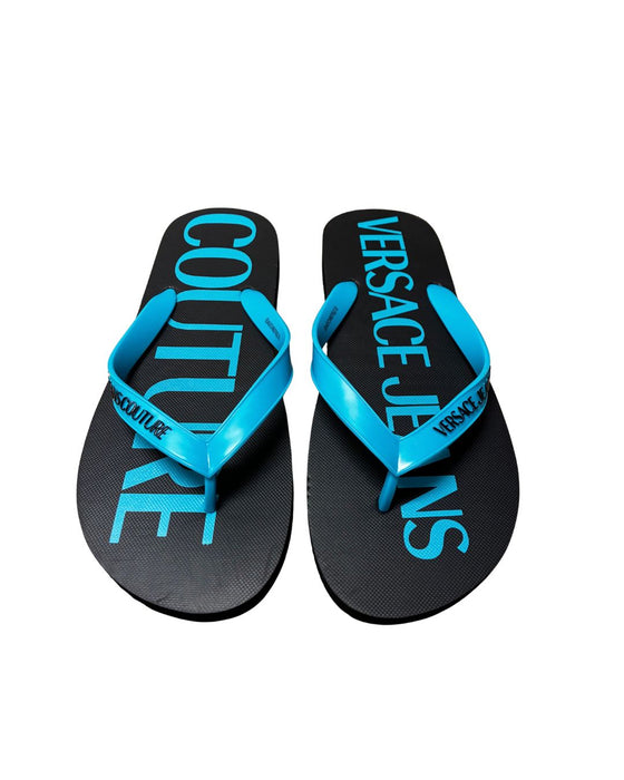 Versace Jeans Couture Mens Black / Turquoise Logo Flip-Flops-