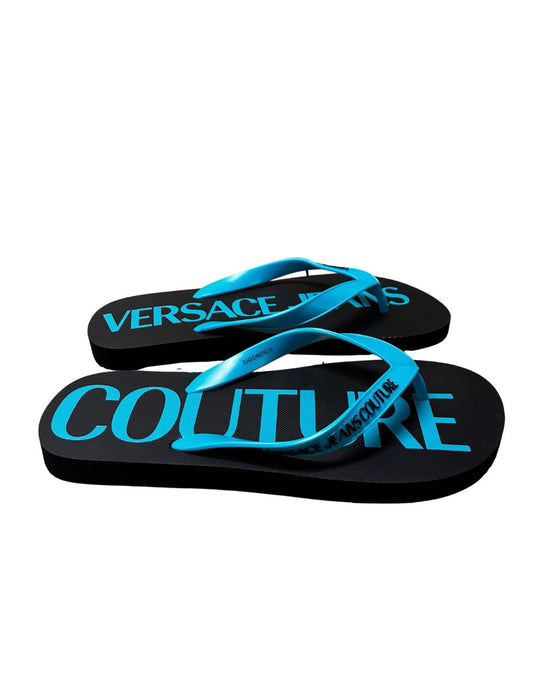 Versace Jeans Couture Mens Black / Turquoise Logo Flip-Flops-
