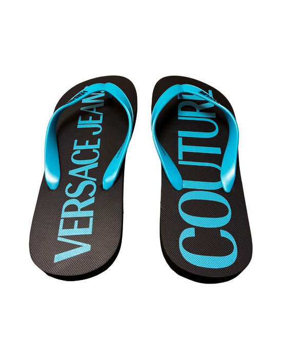 Versace Jeans Couture Mens Black / Turquoise Logo Flip-Flops-