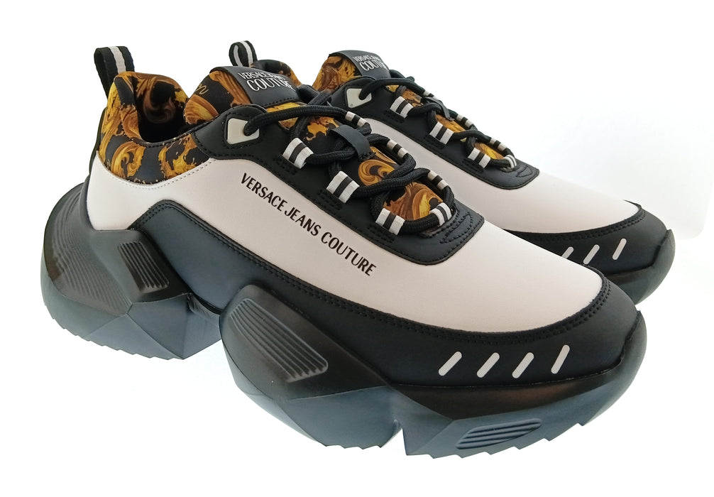 Versace Jeans Couture Mens Black / White / Gold Baroque Accent Chunky Sneakers-