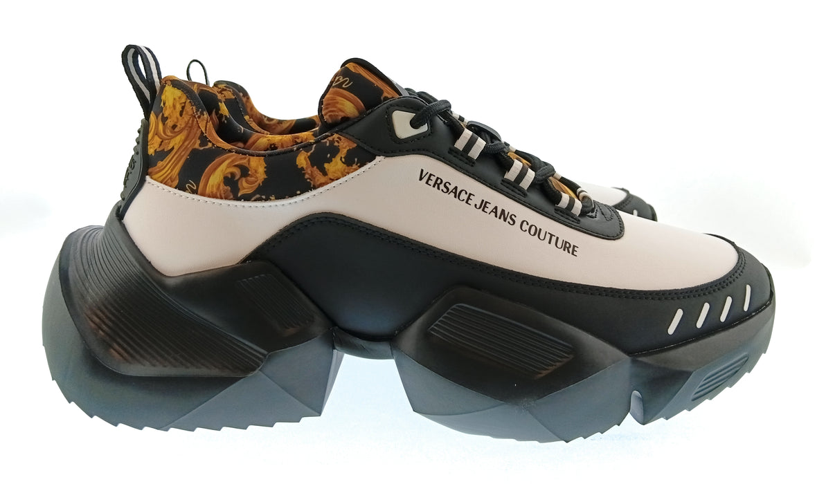 Versace Jeans Couture Mens Black / White / Gold Baroque Accent Chunky Sneakers-