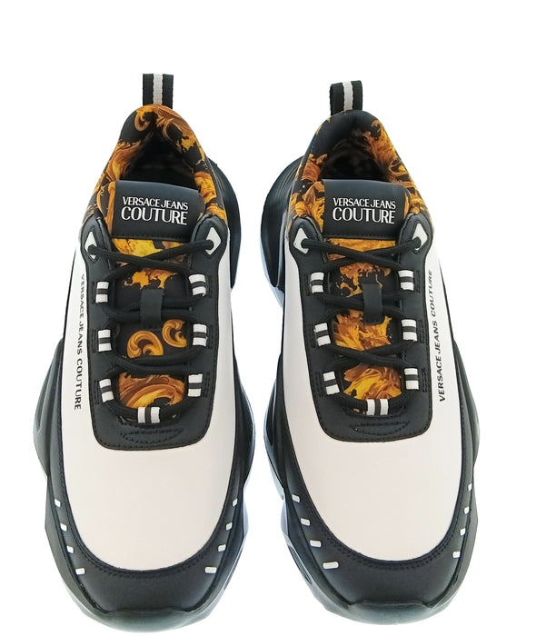 Versace Jeans Couture Mens Black / White / Gold Baroque Accent Chunky Sneakers-