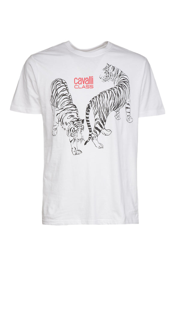 Cavalli Class White Double Tiger Logo Motif Fashion T-Shirt-L