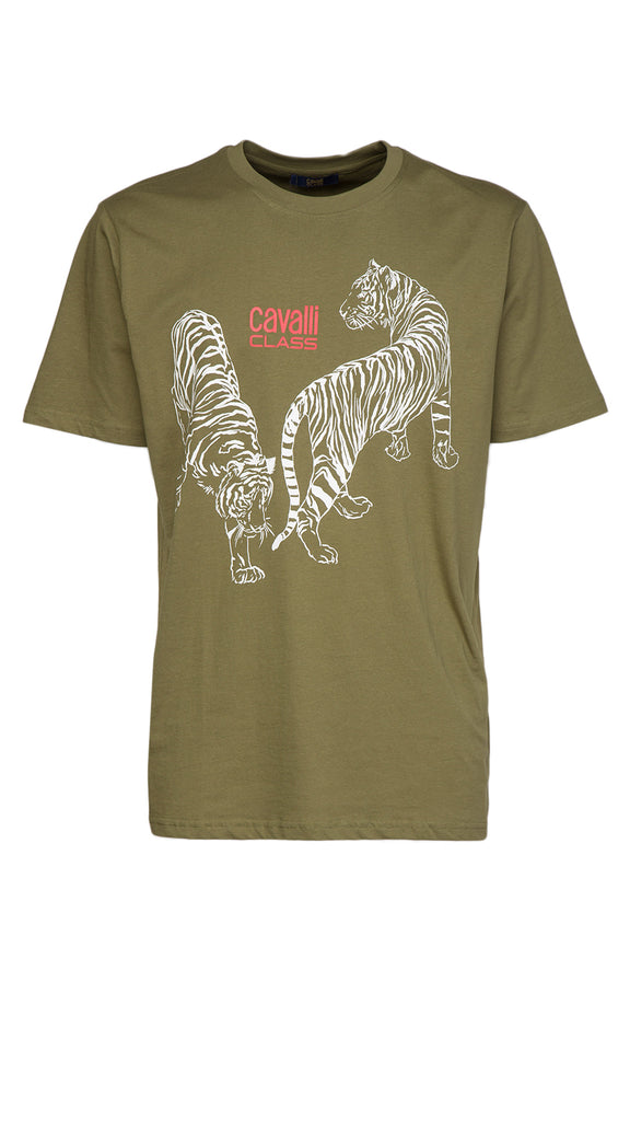 Cavalli Class Military Green Double Tiger Logo Motif Fashion T-Shirt-XXL