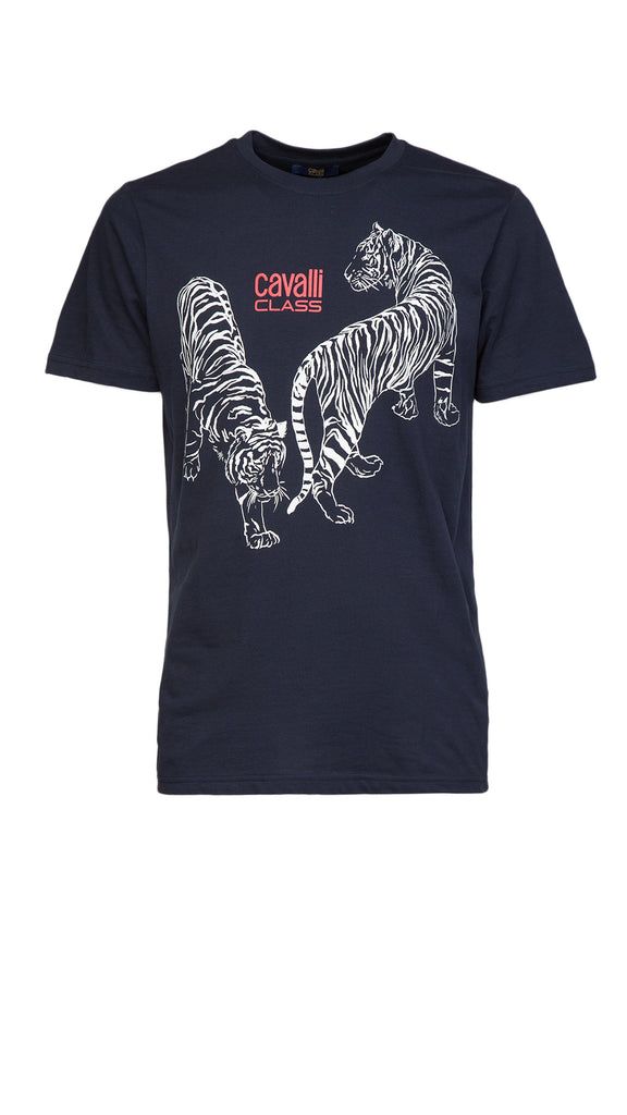 Cavalli Class Navy Double Tiger Logo Motif Fashion T-Shirt-XXL