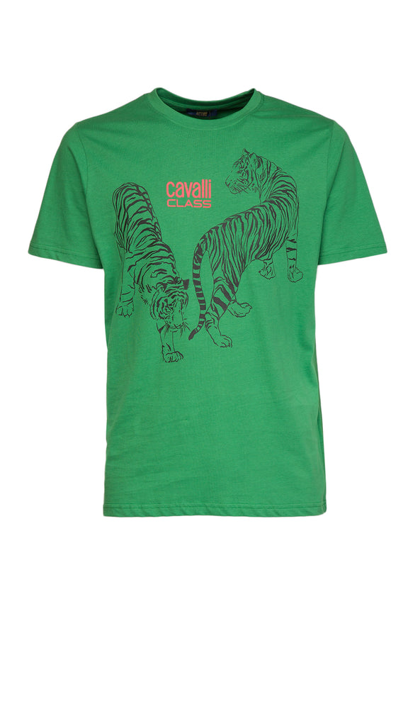 Cavalli Class Brilliant Green Double Tiger Logo Motif Fashion T-Shirt-XL