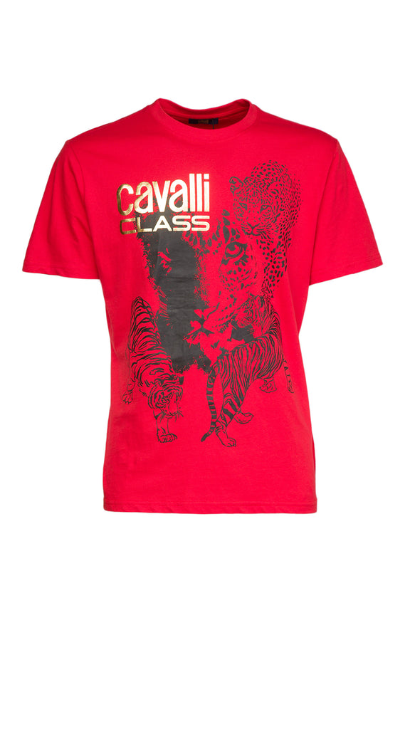 Cavalli Class Red Tiger Leopard Motif Fashion T-Shirt-L