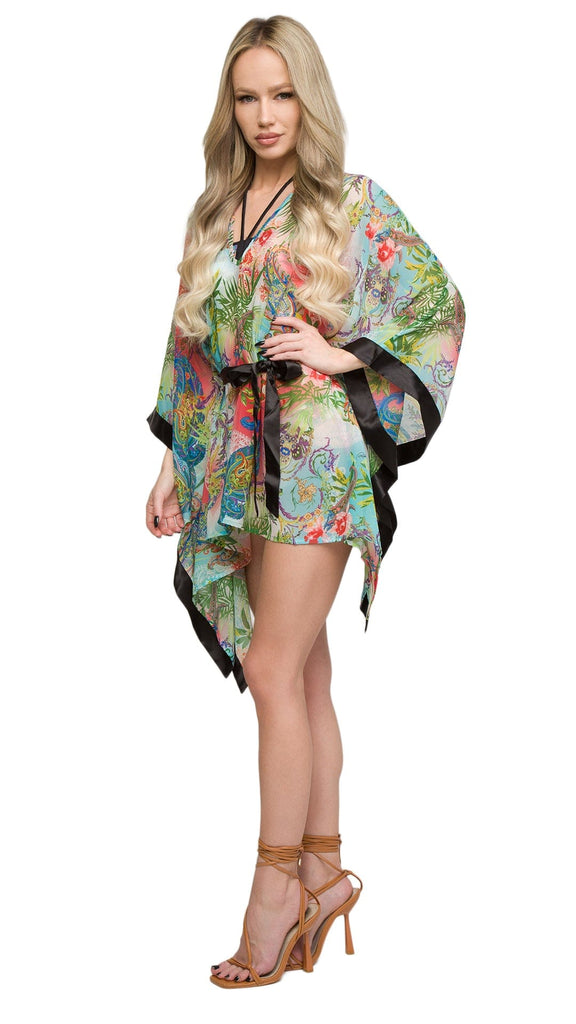 Roberto Cavalli  Floral Printed Chiffon Short Kaftan Cover Up-