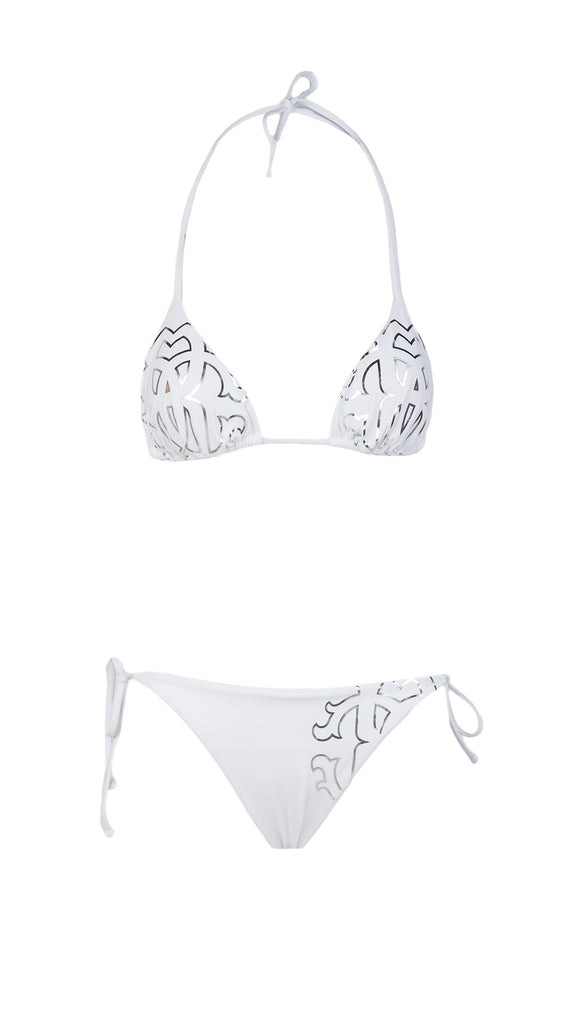 Roberto Cavalli  White Printed Two Piece Halter Neck Tie Bikini Set-