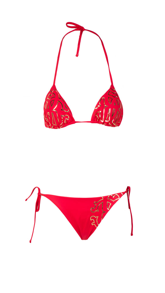 Roberto Cavalli  Red Printed Two Piece Halter Neck Tie Bikini Set- S