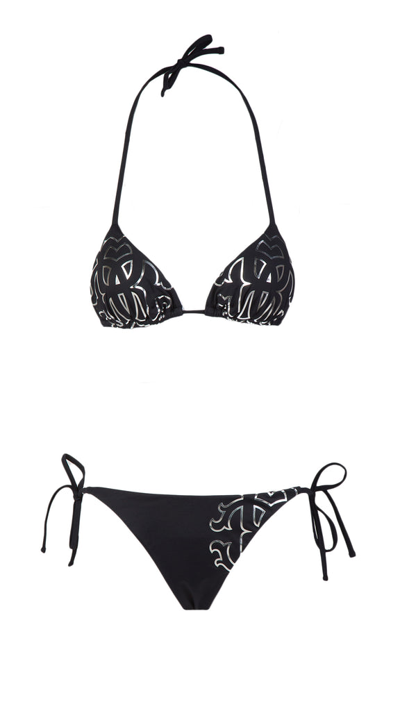 Roberto Cavalli  Black Printed Two Piece Halter Neck Tie Bikini Set-