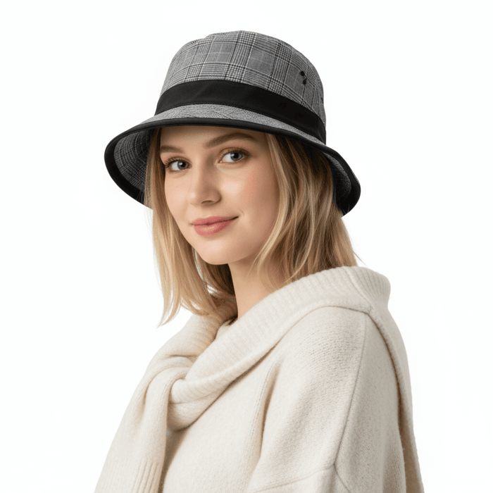 Dolce & Gabbana Virgin Wool Gray Plaid Bucket Hat with Black Ribbon Band