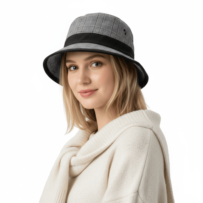 Dolce & Gabbana Virgin Wool Gray Plaid Bucket Hat with Black Ribbon Band-59