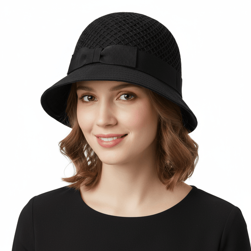 Dolce & Gabbana Textured Black Wool Blend Bucket Hat with Bow-