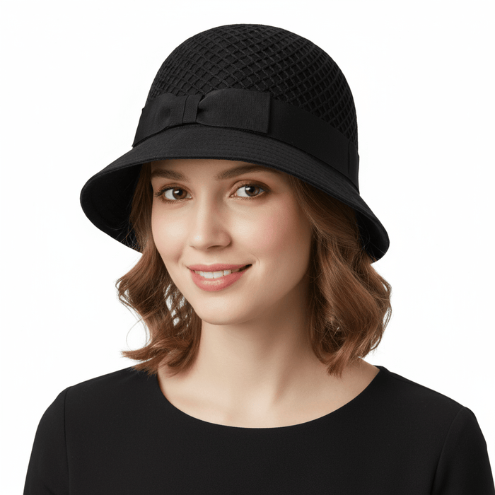 Dolce & Gabbana Textured Black Wool Blend Bucket Hat with Bow-