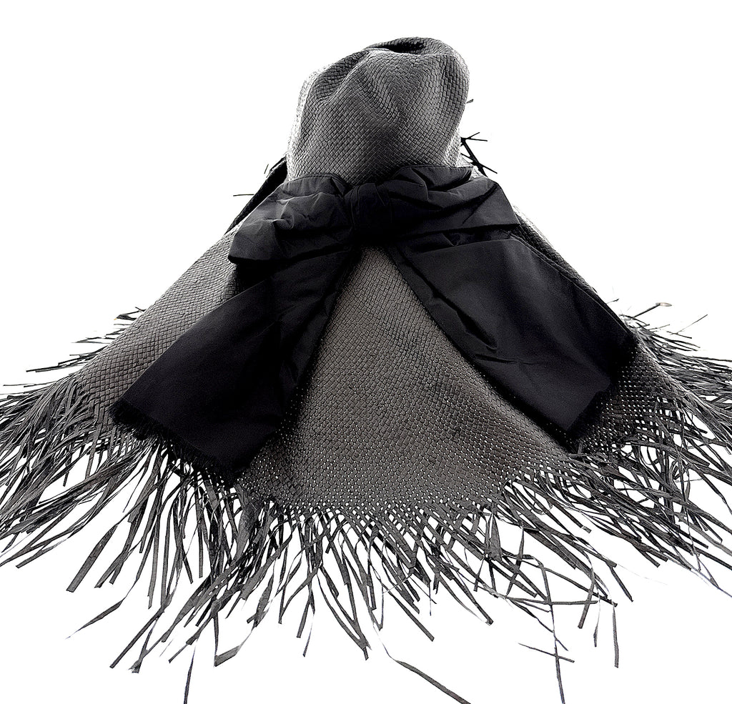 Dolce & Gabbana  Black Wide-Brimmed Fringed Sun Hat with Bow Detail-M