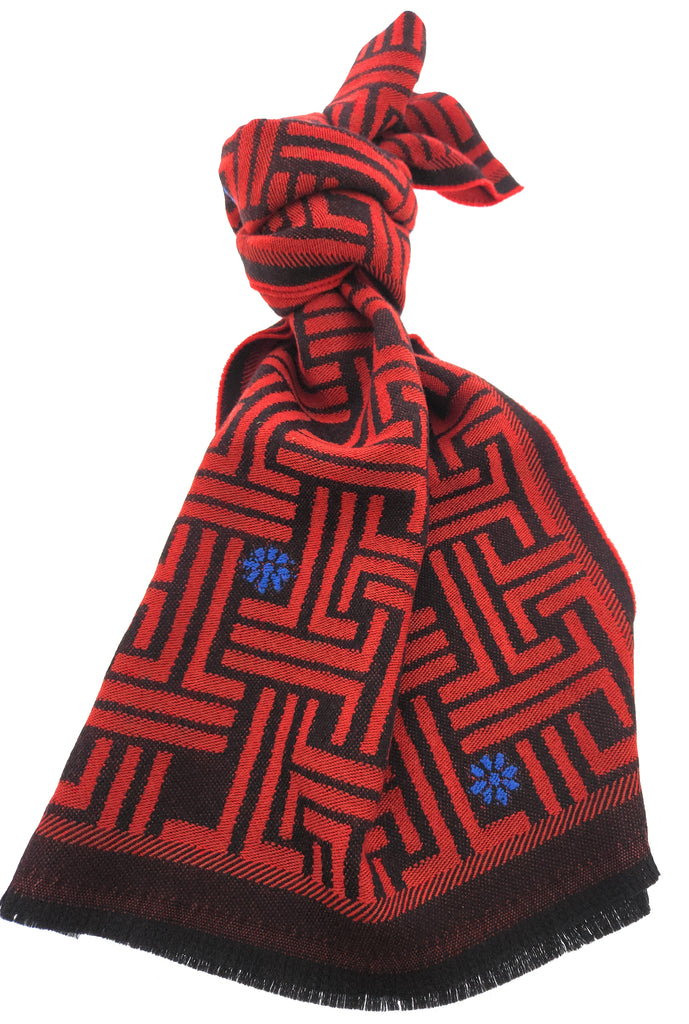 Lanvin Red Geometric Pattern with Floral Accents 100% Wool Scarf