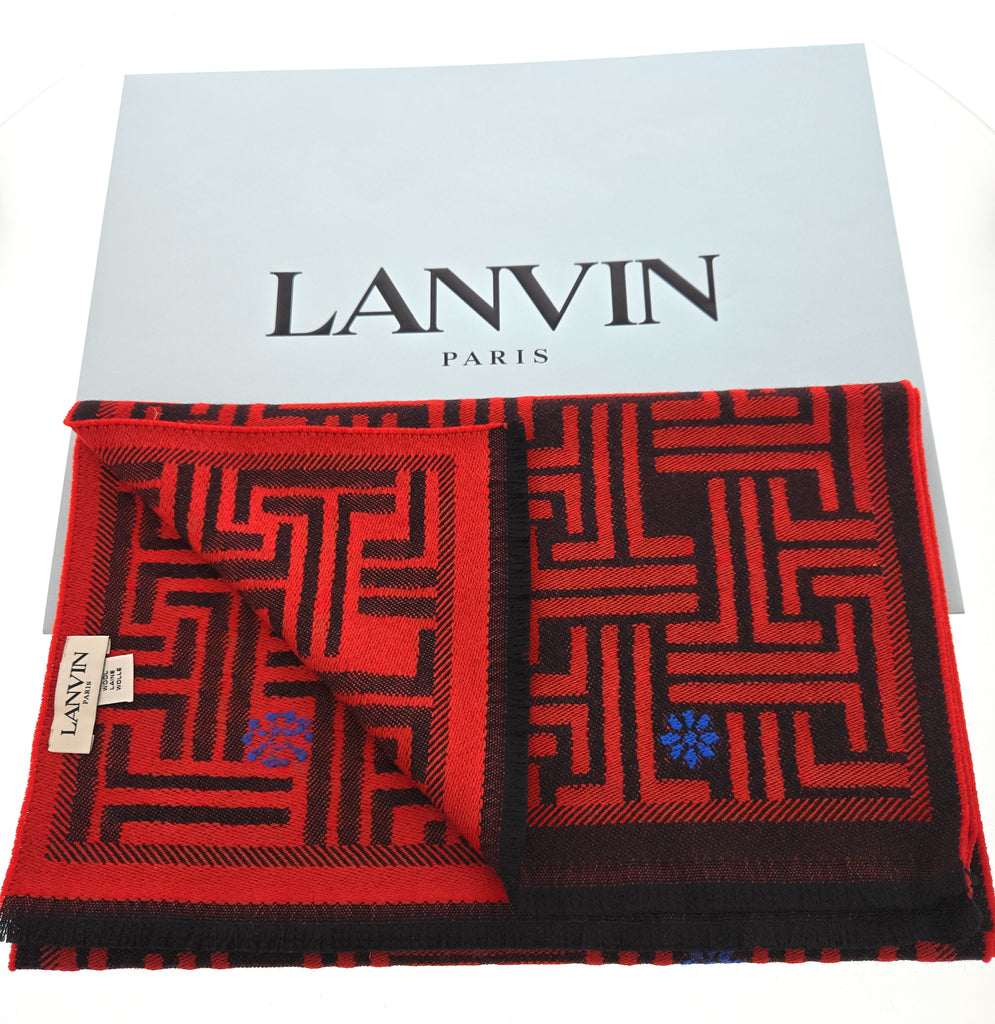 Lanvin Red Geometric Pattern with Floral Accents Pure Wool Scarf