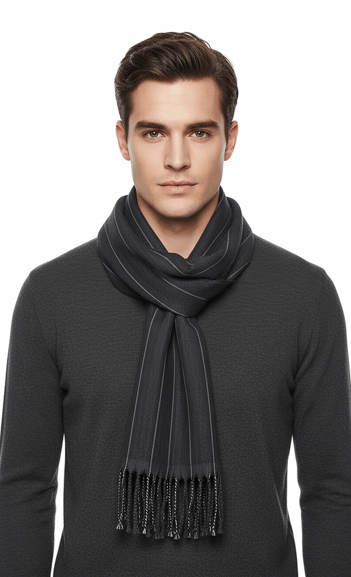 Lanvin 100% Wool Scarf – Black Pinstripe Design, Lightweight