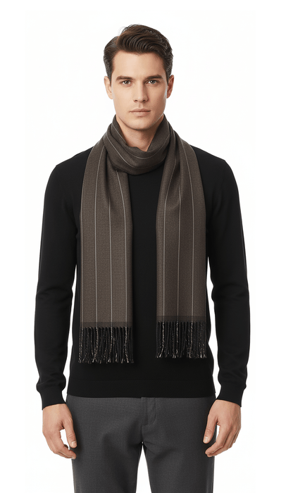 Lanvin 100% Wool Scarf – Brown Pinstripe, Lightweight Fringed Design