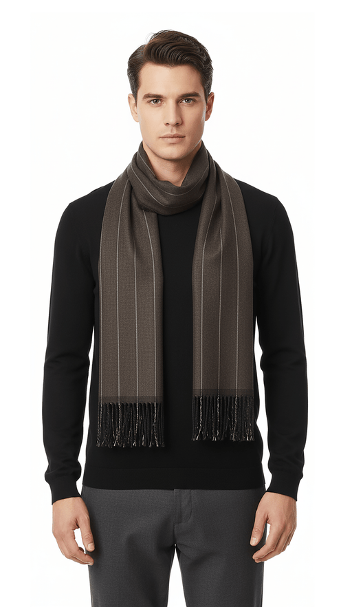 Lanvin 100% Wool Scarf – Brown Pinstripe, Lightweight Fringed Design