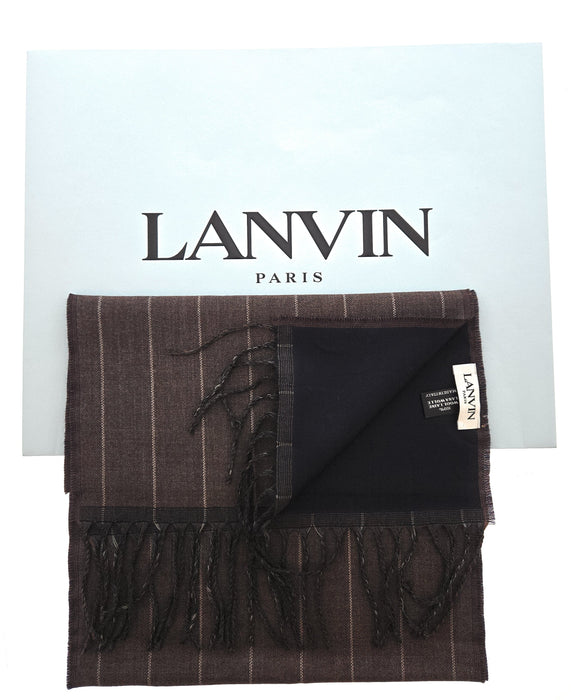 Lanvin 100% Wool Scarf – Brown Pinstripe, Lightweight Fringed Design