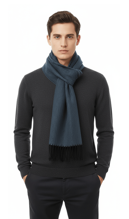 Lanvin 100% Virgin Wool Scarf – Herringbone Pattern, Elegant Fringed Design