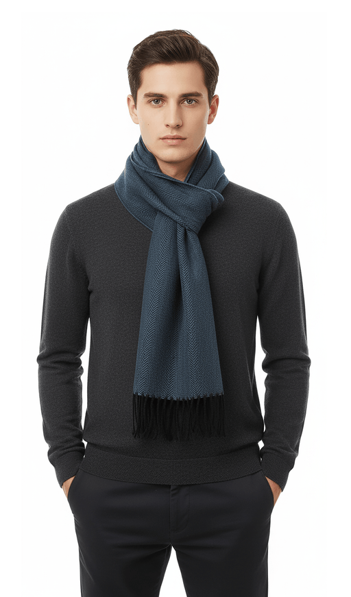 Lanvin 100% Virgin Wool Scarf – Herringbone Pattern, Elegant Fringed Design