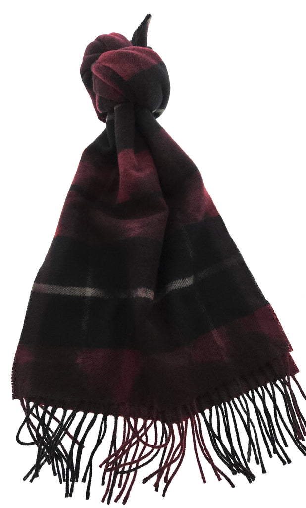 Lanvin 100% Wool Scarf – Plaid Burgundy and Black,  Fringed Winter Wrap