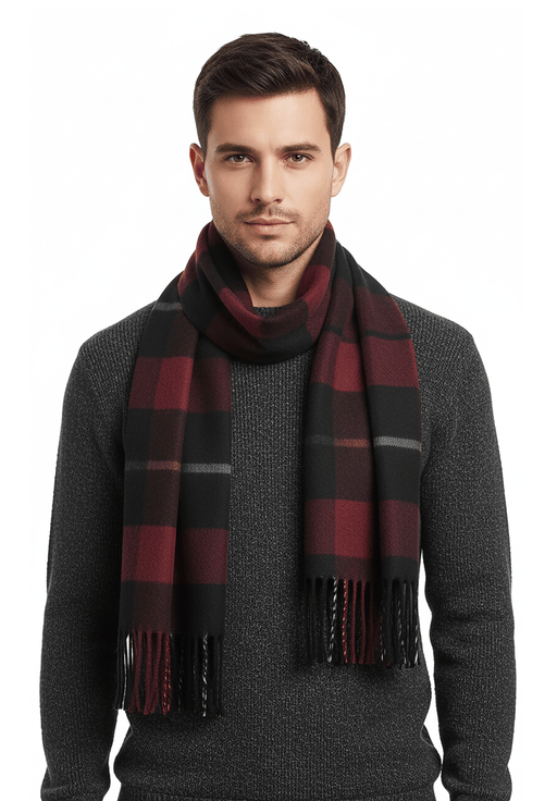 Lanvin 100% Wool Scarf – Plaid Burgundy and Black,  Fringed Winter Wrap