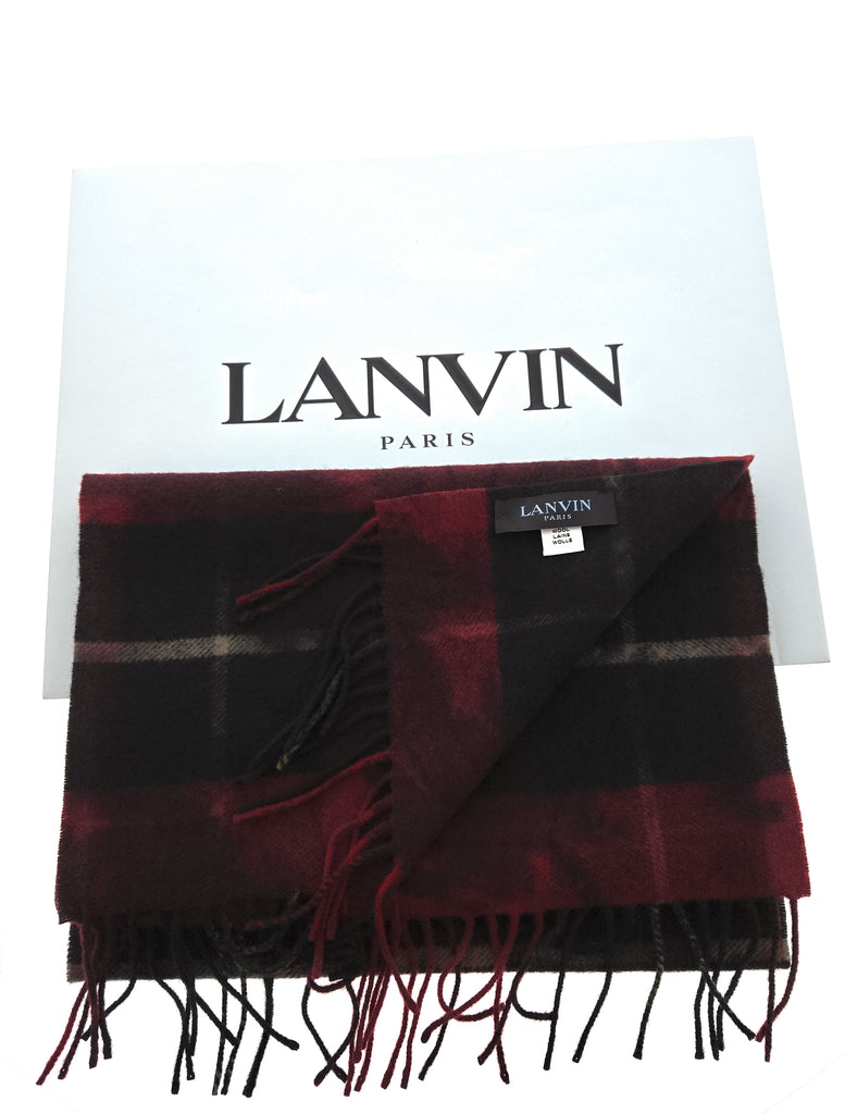 Lanvin Pure Wool Scarf – Plaid Burgundy and Black,  Fringed Winter Wrap