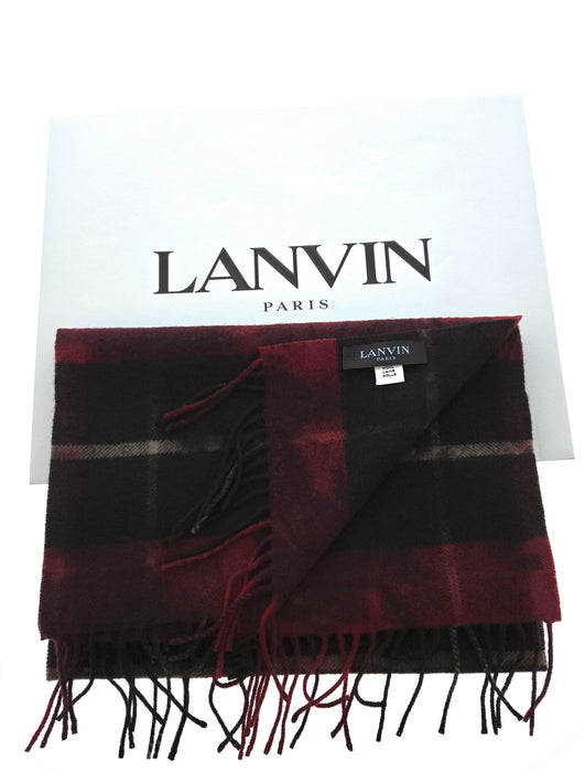 Lanvin 100% Wool Scarf – Plaid Burgundy and Black,  Fringed Winter Wrap