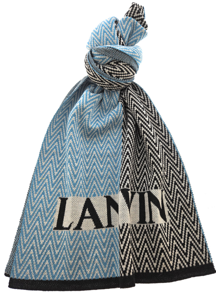 Lanvin 100% Wool Scarf – Chevron Pattern in Blue and Black, Bold Logo Design