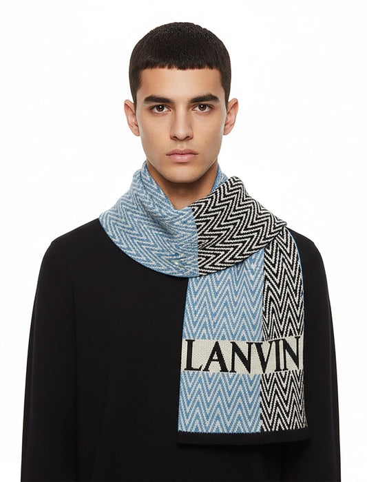Lanvin 100% Wool Scarf – Chevron Pattern in Blue and Black, Bold Logo Design