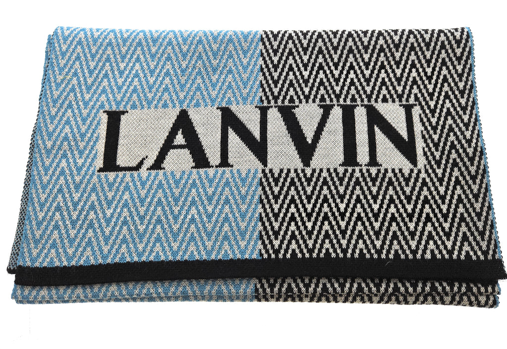 Lanvin Pure Wool Scarf – Chevron Pattern in Blue and Black, Bold Logo Design