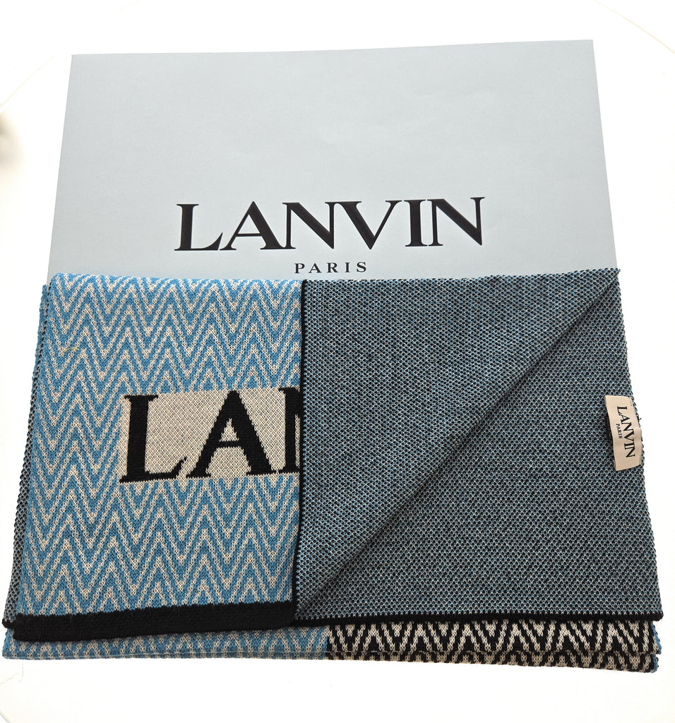 Lanvin Pure Wool Scarf – Chevron Pattern in Blue and Black, Bold Logo Design