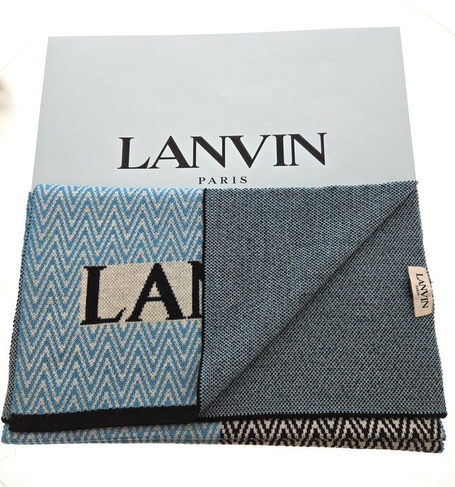 Lanvin 100% Wool Scarf – Chevron Pattern in Blue and Black, Bold Logo Design