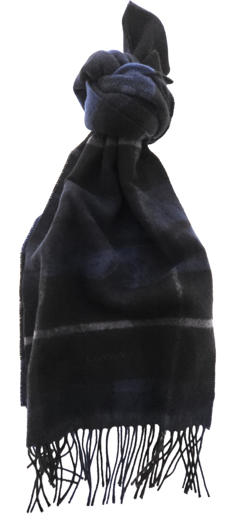 Lanvin 100% Wool Scarf – Plaid Black and Blue, Elegant Fringed Design