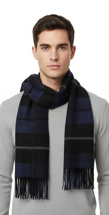 Lanvin 100% Wool Scarf – Plaid Black and Blue, Elegant Fringed Design
