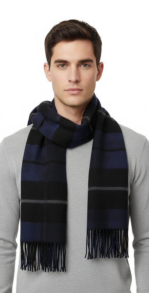Lanvin 100% Wool Scarf – Plaid Black and Blue, Elegant Fringed Design