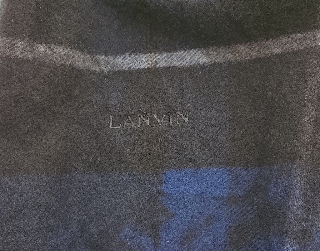 Lanvin Pure Wool Scarf – Plaid Black and Blue, Elegant Fringed Design