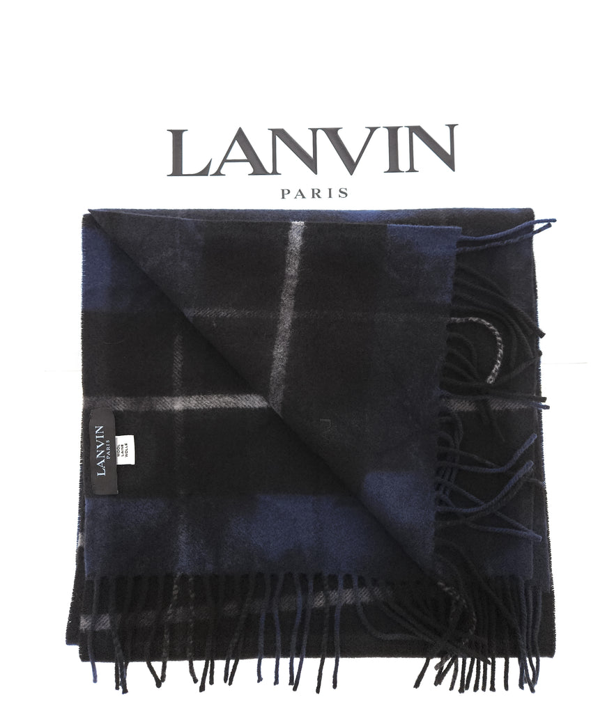 Lanvin Pure Wool Scarf – Plaid Black and Blue, Elegant Fringed Design